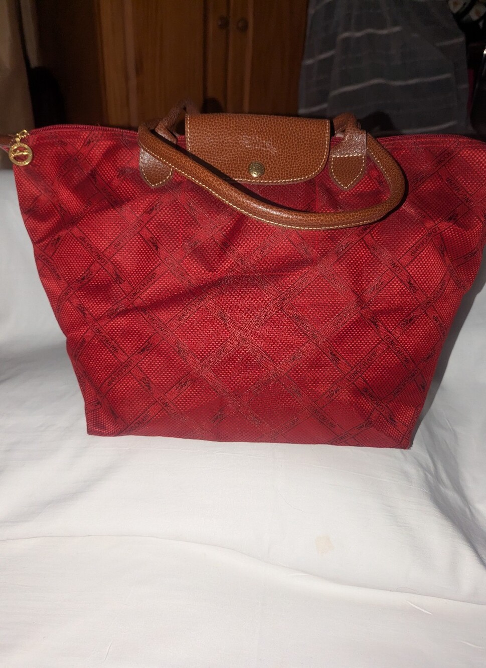 Vintage Longchamp Red Monogram Jacquard LePiage Tote with Brown Trim Y2K